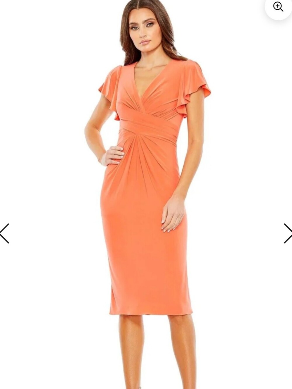 Mac Duggal Coral Ruched V-Neck Midi Dress with Flutter Sleeves
